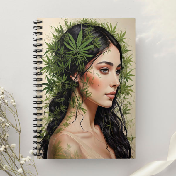 Elegant Black Hair Woman Notebook with Marijuana Art and Vintage Botanical Design, Boho Art Journal Stationary for Creative Writers