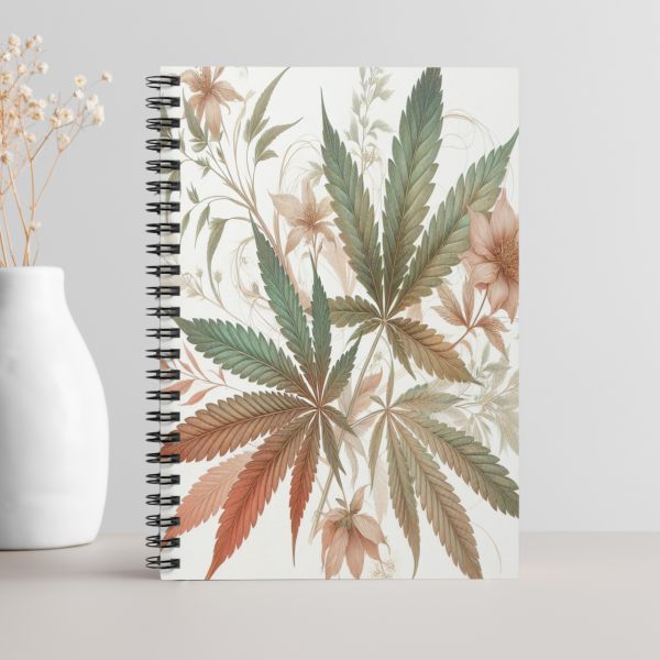 Vintage Botanical Art Notebook with Elegant Boho Leaf Design and Marijuana Motifs, Feminine Art Journal for 420 Friendly Writers