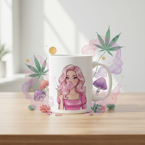 Pink Bubblegum Cannabis Coffee Mug: Glamorous Weed Mug Featuring Pop Art Stoner Girl, 420 Pothead Gift, Feminine Wake and Bake Coffee Cup