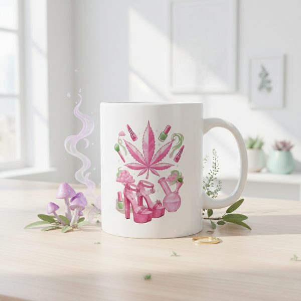 Pink Cannabis Coffee Mug: Feminine Weed Mug Featuring Glamorous Cannabis Leaf Art, Stylish Stoner Gift & 420 Wake and Bake Pothead Gift Idea