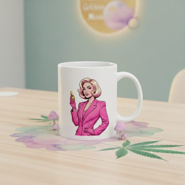 Retro Blonde Cannabis Coffee Mug: Vintage Glam Weed Mug + Elegant Woman in Pink Suit, Stylish Stoner Gift & Feminine 420 Pothead Coffee Cup