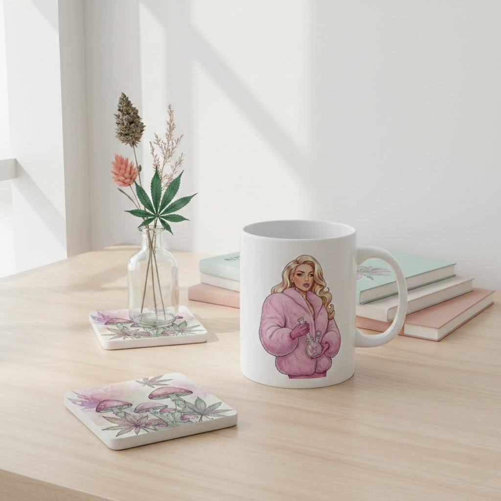 Blush Fur Cannabis Coffee Mug: Fashion-Inspired Weed Mug with Luxe Blonde Woman & Bong, Feminine Stoner Gift, Chic 420 Pothead Coffee Cup - Image 2