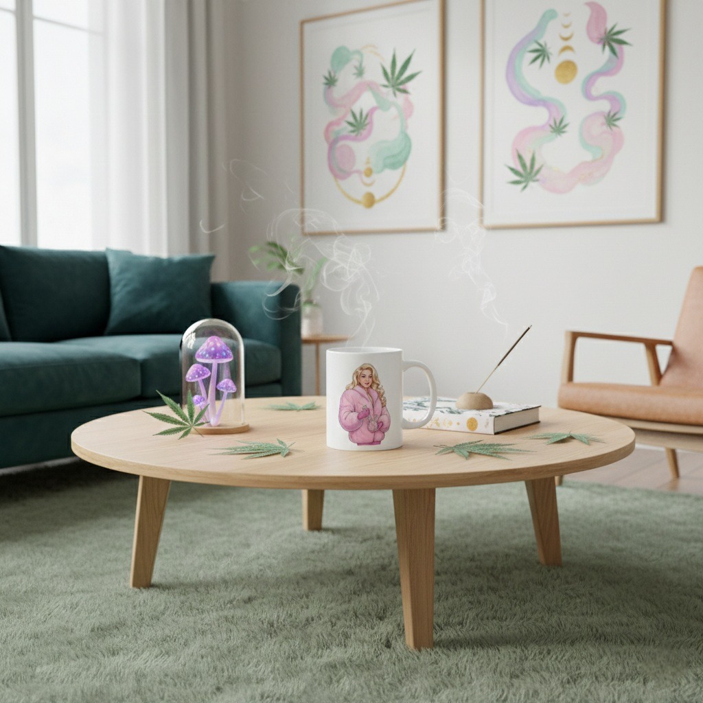 Blush Fur Cannabis Coffee Mug: Fashion-Inspired Weed Mug with Luxe Blonde Woman & Bong, Feminine Stoner Gift, Chic 420 Pothead Coffee Cup - Image 3