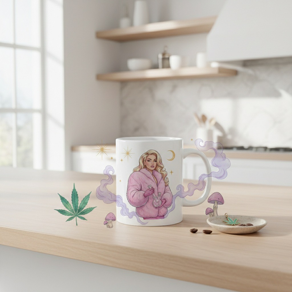 Blush Fur Cannabis Coffee Mug: Fashion-Inspired Weed Mug with Luxe Blonde Woman & Bong, Feminine Stoner Gift, Chic 420 Pothead Coffee Cup - Image 4