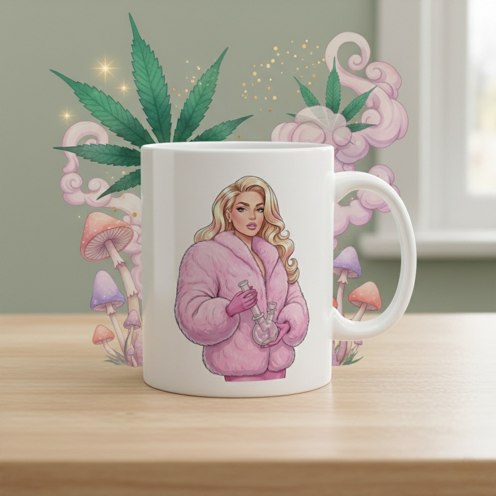 Blush Fur Cannabis Coffee Mug: Fashion-Inspired Weed Mug with Luxe Blonde Woman & Bong, Feminine Stoner Gift, Chic 420 Pothead Coffee Cup - Image 5
