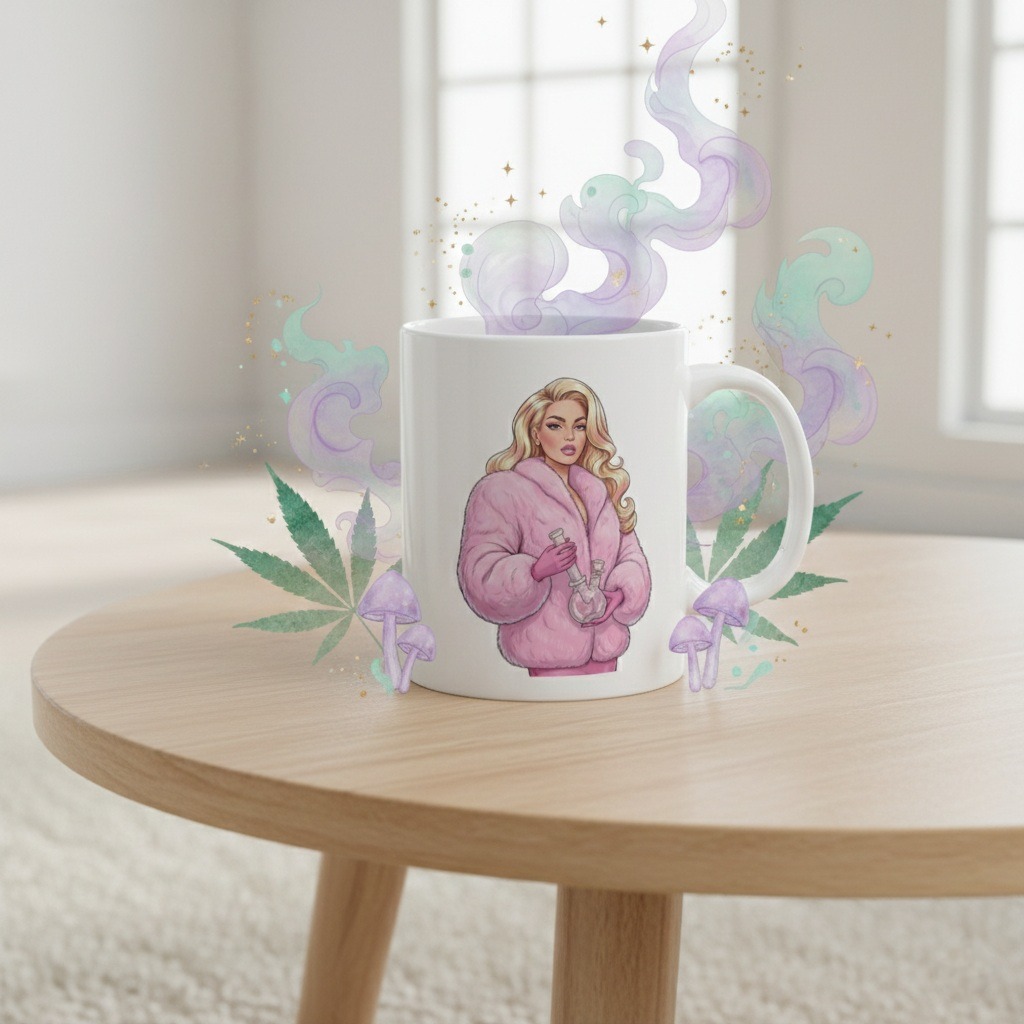Blush Fur Cannabis Coffee Mug: Fashion-Inspired Weed Mug with Luxe Blonde Woman & Bong, Feminine Stoner Gift, Chic 420 Pothead Coffee Cup - Image 6