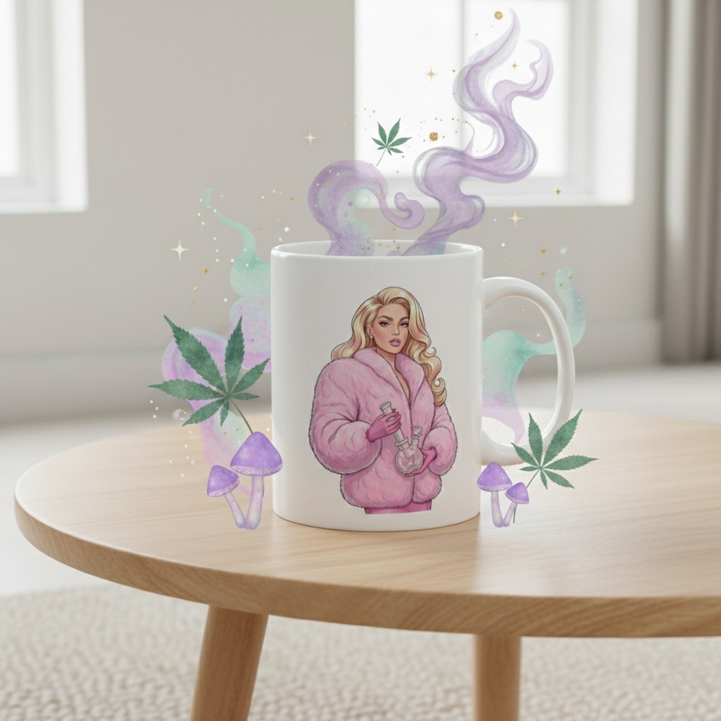 Blush Fur Cannabis Coffee Mug: Fashion-Inspired Weed Mug with Luxe Blonde Woman & Bong, Feminine Stoner Gift, Chic 420 Pothead Coffee Cup - Image 7