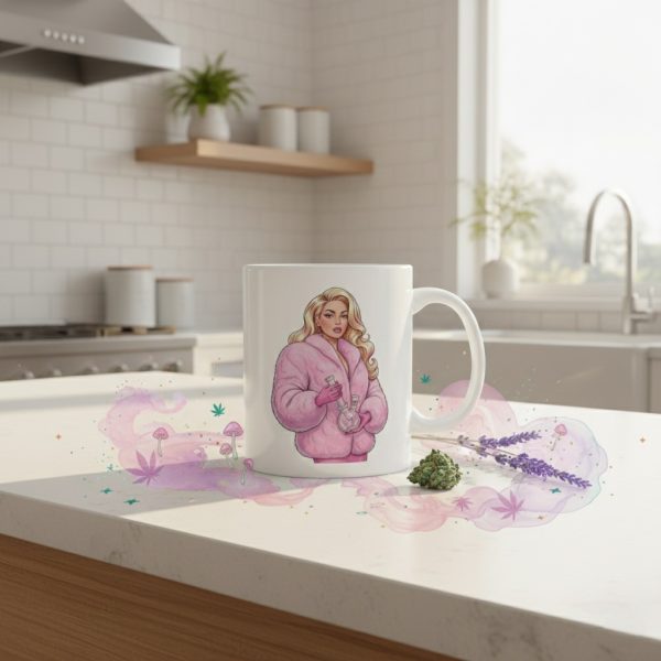 Blush Fur Cannabis Coffee Mug: Fashion-Inspired Weed Mug with Luxe Blonde Woman & Bong, Feminine Stoner Gift, Chic 420 Pothead Coffee Cup