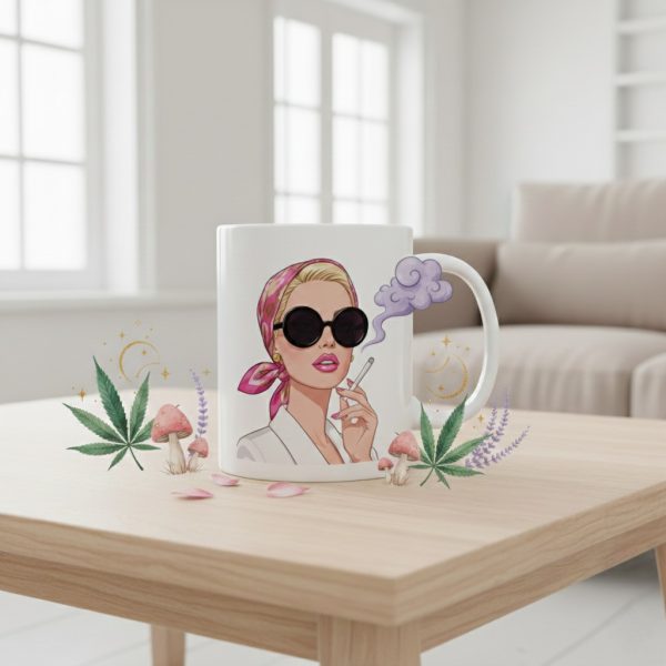 Retro Glam Cannabis Coffee Mug: Elegant Weed Mug with Woman in Sunglasses + Headscarf, Classic Stoner Gift + Feminine 420 Pothead Coffee Cup