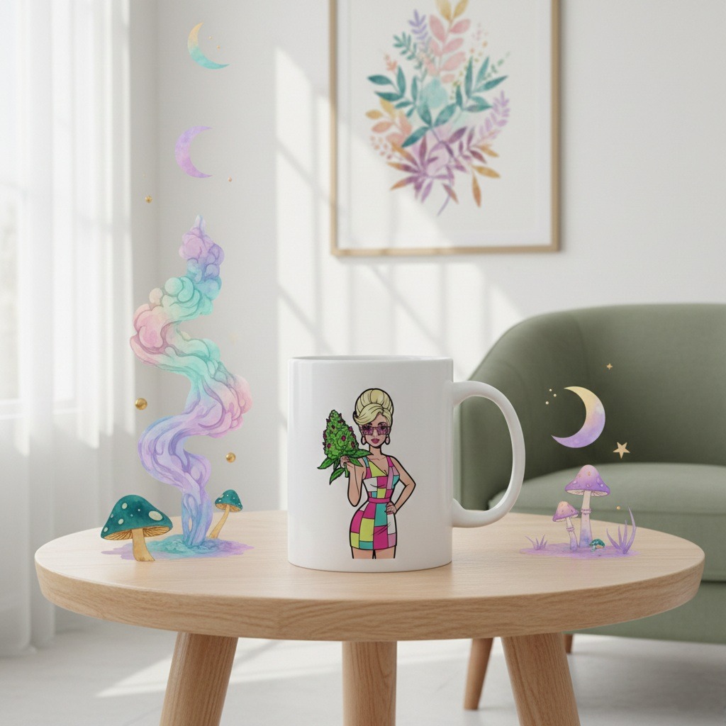 Cannabis Bouquet Coffee Mug: Colorful Weed Mug with Retro Fashion Girl Holding Green Bud, Playful Stoner Gift & Bold 420 Pothead Coffee Cup - Image 2