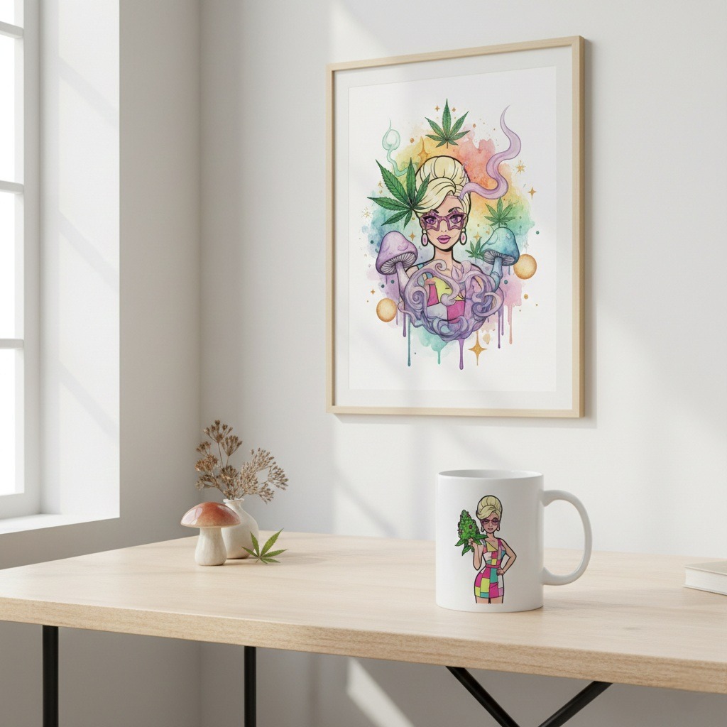 Cannabis Bouquet Coffee Mug: Colorful Weed Mug with Retro Fashion Girl Holding Green Bud, Playful Stoner Gift & Bold 420 Pothead Coffee Cup - Image 3