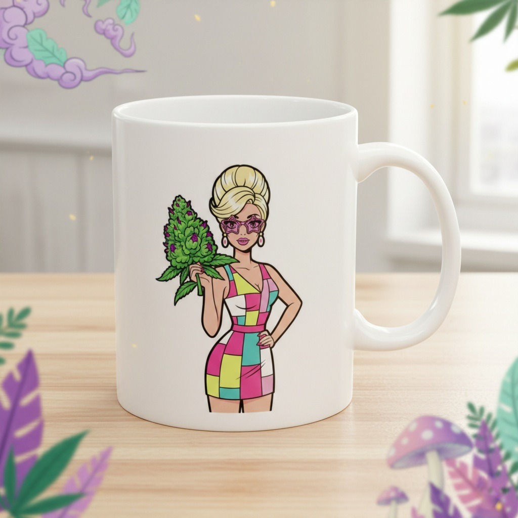 Cannabis Bouquet Coffee Mug: Colorful Weed Mug with Retro Fashion Girl Holding Green Bud, Playful Stoner Gift & Bold 420 Pothead Coffee Cup - Image 5
