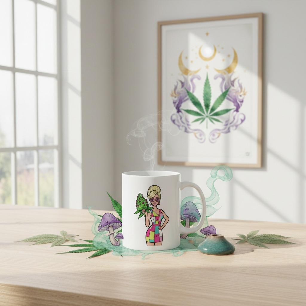 Cannabis Bouquet Coffee Mug: Colorful Weed Mug with Retro Fashion Girl Holding Green Bud, Playful Stoner Gift & Bold 420 Pothead Coffee Cup - Image 6