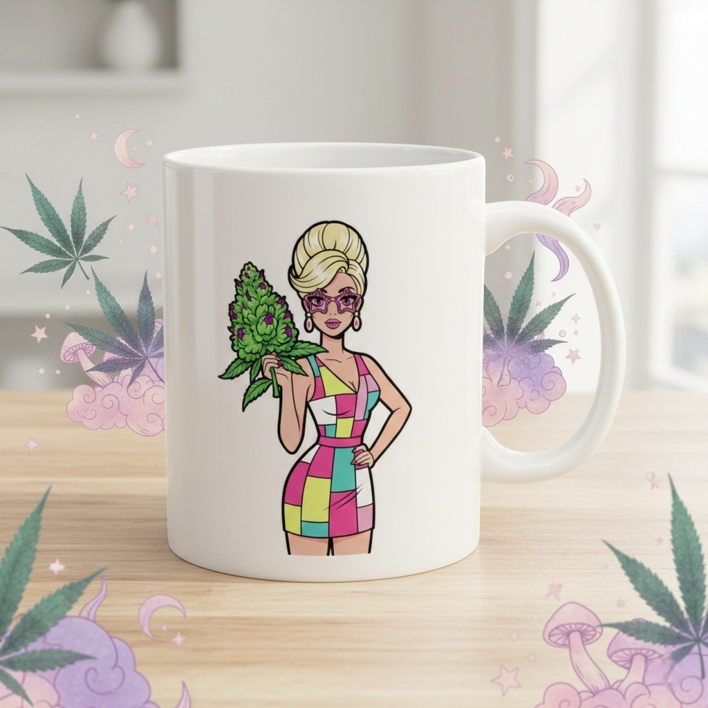 Cannabis Bouquet Coffee Mug: Colorful Weed Mug with Retro Fashion Girl Holding Green Bud, Playful Stoner Gift & Bold 420 Pothead Coffee Cup - Image 4
