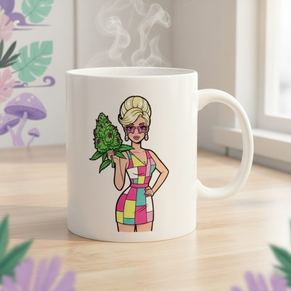 Cannabis Bouquet Coffee Mug: Colorful Weed Mug with Retro Fashion Girl Holding Green Bud, Playful Stoner Gift & Bold 420 Pothead Coffee Cup