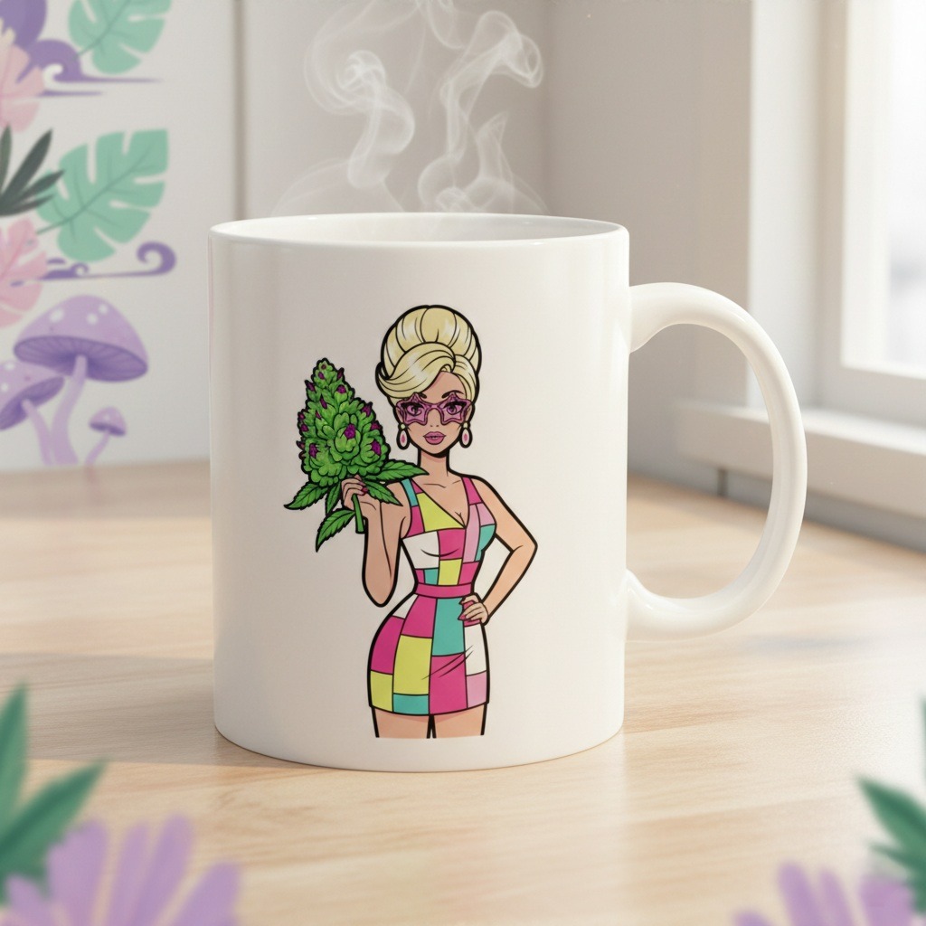 Cannabis Bouquet Coffee Mug: Colorful Weed Mug with Retro Fashion Girl Holding Green Bud, Playful Stoner Gift & Bold 420 Pothead Coffee Cup