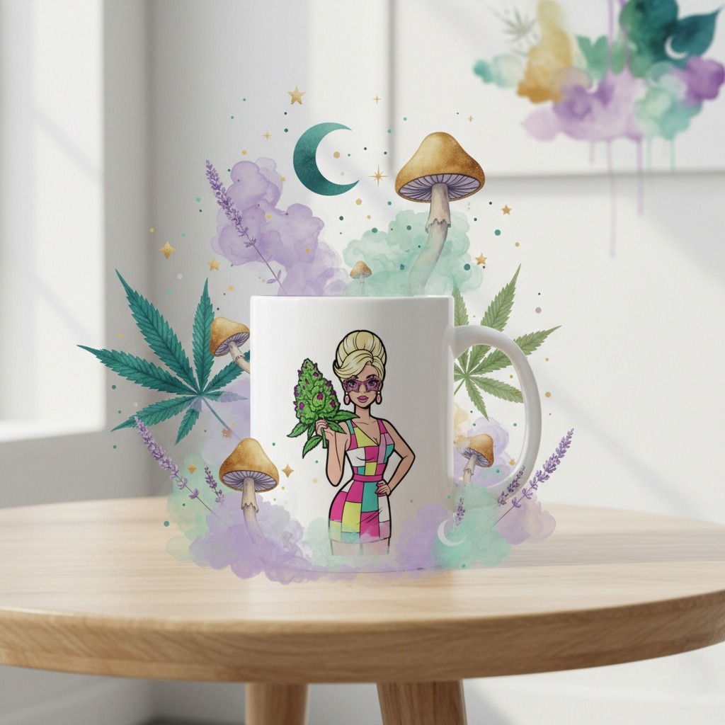 Cannabis Bouquet Coffee Mug: Colorful Weed Mug with Retro Fashion Girl Holding Green Bud, Playful Stoner Gift & Bold 420 Pothead Coffee Cup - Image 7