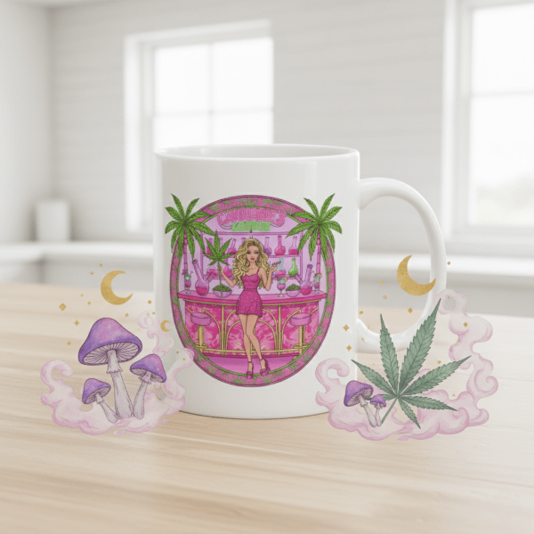 Cannabis Lounge Coffee Mug: Retro Pink Cannabis Mug with Glam Woman at Bar, Feminine Weed Mug, Tropical 420 Stoner Gift & Pothead Coffee Cup