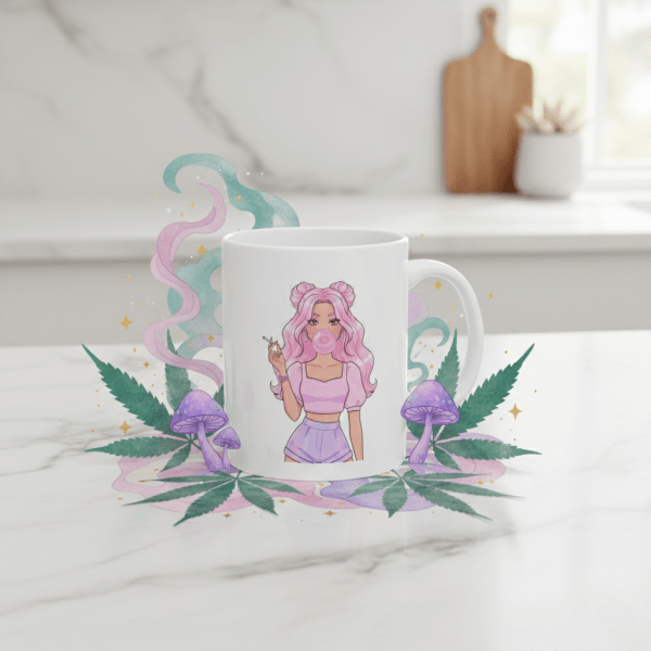 Pink Hair Bubblegum Cannabis Coffee Mug: Playful Weed Mug with Stoner Girl Smoking Joint, Feminine 420 Gift & Cute Pothead Coffee Cup